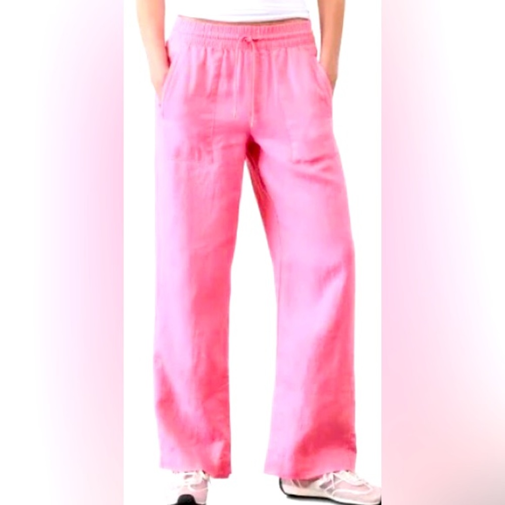 Athleta Retreat Linen Wide Leg Pants Petite 10 Coral Orange Casual Relaxed Fit